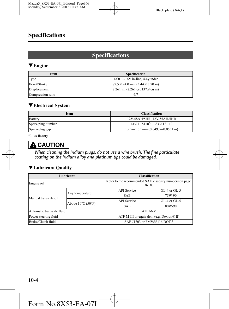 Specifications, Specifications -4, Caution | Qengine, Qelectrical system, Qlubricant quality | Mazda 2008 5 User Manual | Page 366 / 376