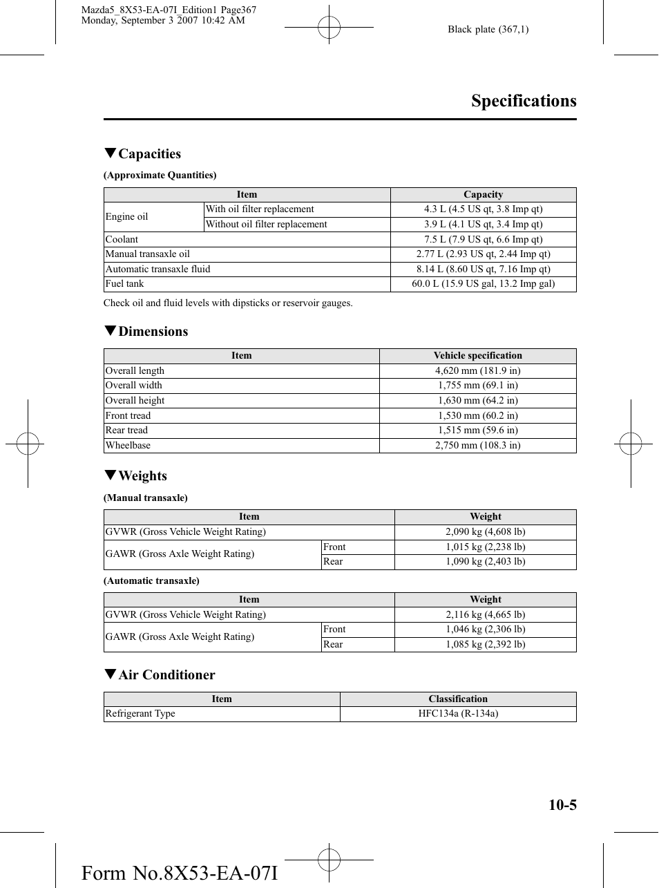 Specifications, Qcapacities, Qdimensions | Qweights, Qair conditioner | Mazda 2008 5 User Manual | Page 367 / 376