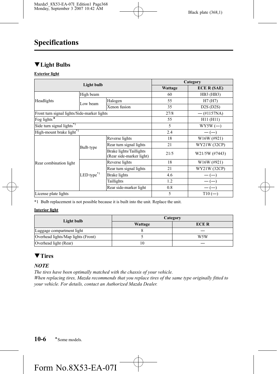 Specifications, Qlight bulbs, Qtires | Mazda 2008 5 User Manual | Page 368 / 376
