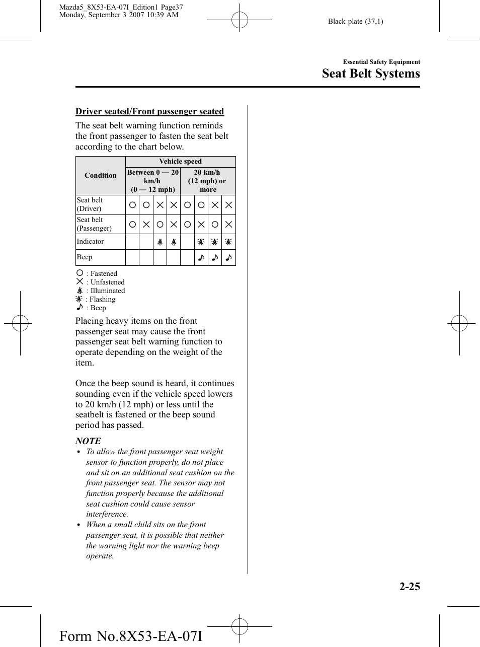 Seat belt systems | Mazda 2008 5 User Manual | Page 37 / 376
