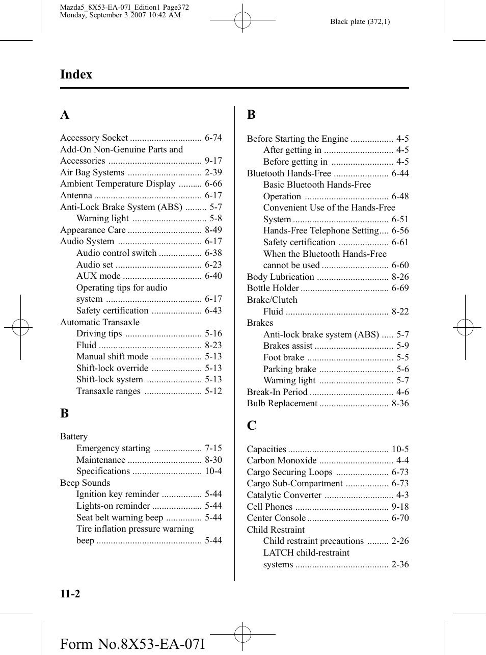 Index | Mazda 2008 5 User Manual | Page 372 / 376