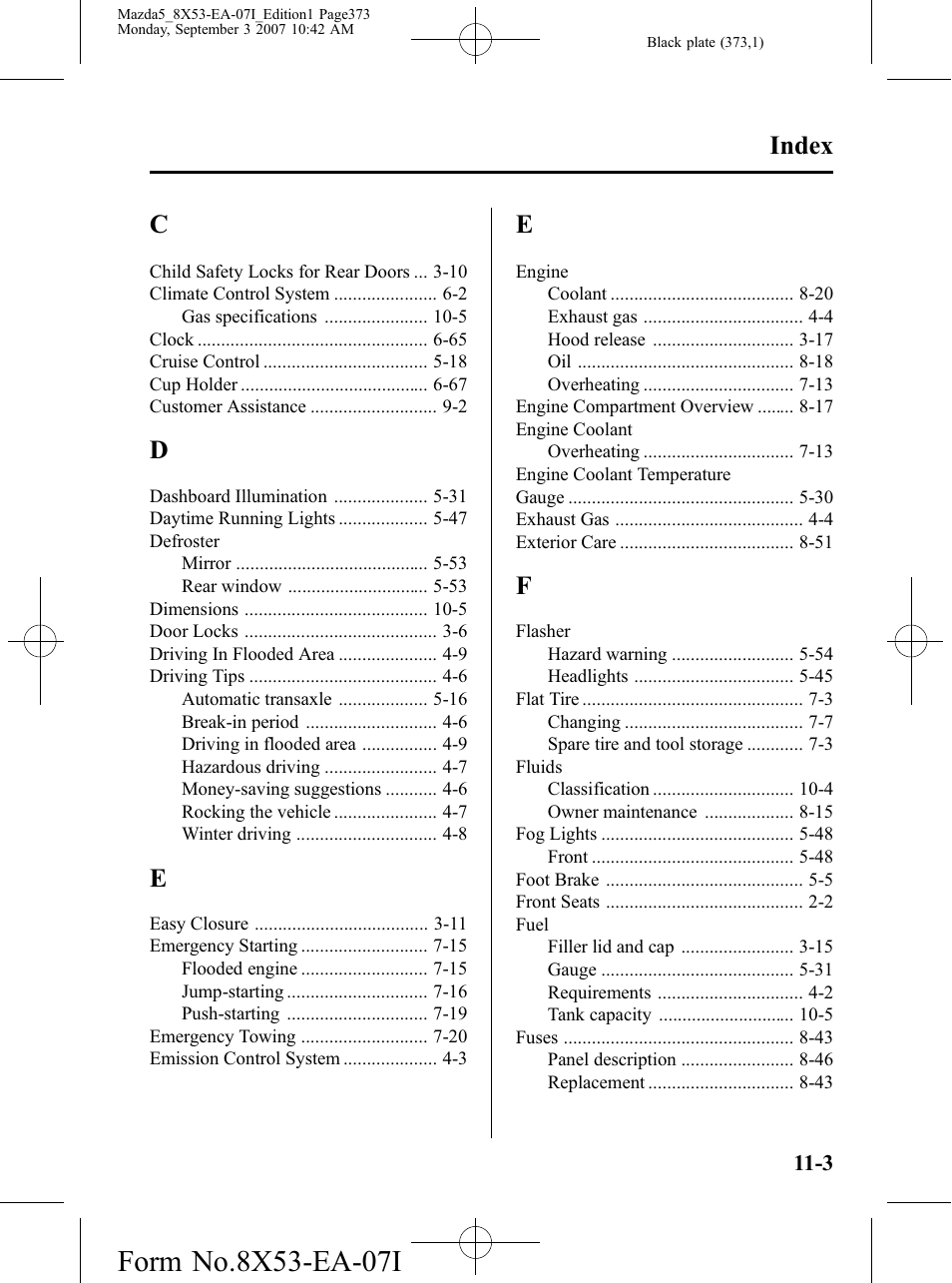 Index | Mazda 2008 5 User Manual | Page 373 / 376