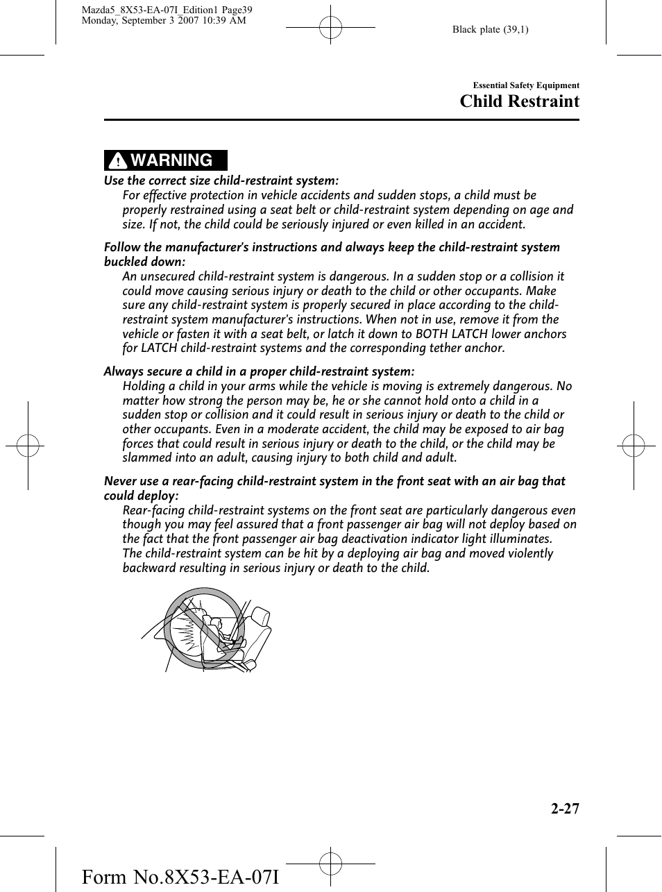 Child restraint, Warning | Mazda 2008 5 User Manual | Page 39 / 376