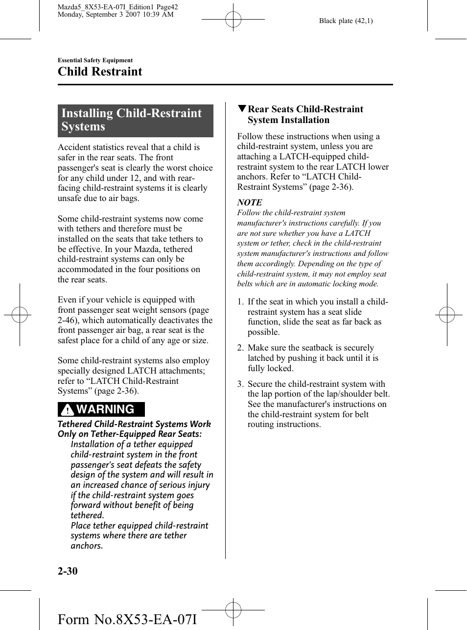 Installing child-restraint systems, Installing child-restraint systems -30, Child restraint | Warning | Mazda 2008 5 User Manual | Page 42 / 376