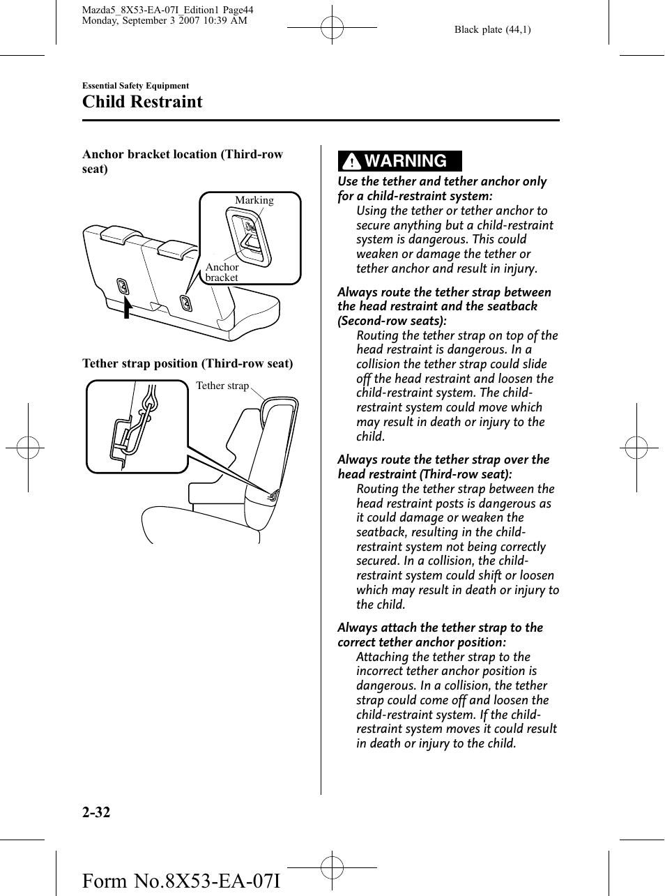 Child restraint, Warning | Mazda 2008 5 User Manual | Page 44 / 376