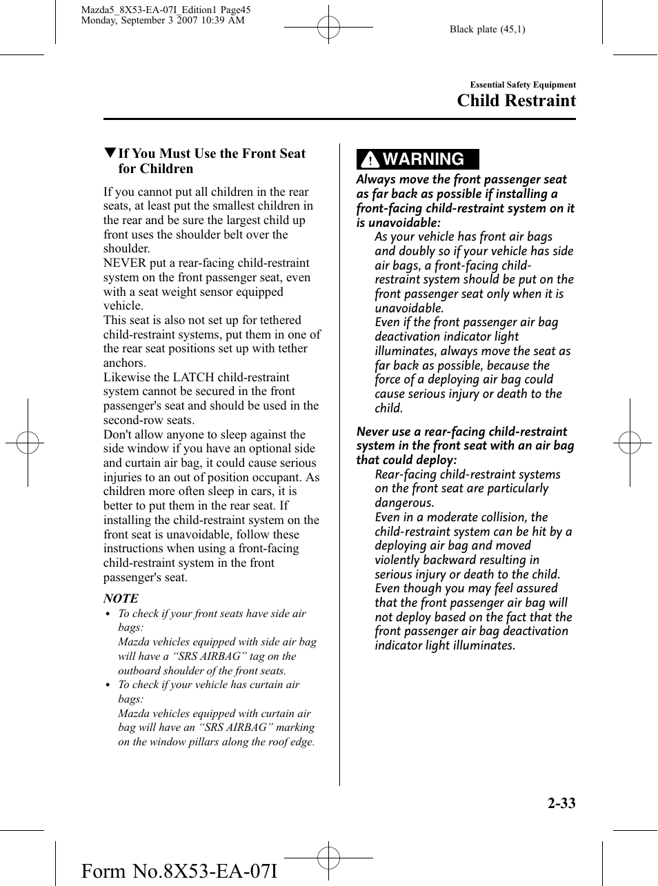 Child restraint, Warning | Mazda 2008 5 User Manual | Page 45 / 376