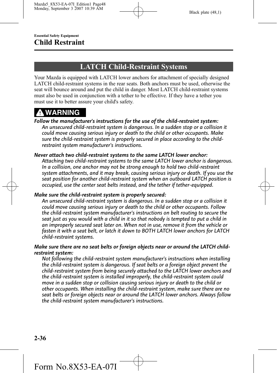 Latch child-restraint systems, Latch child-restraint systems -36, Child restraint | Warning | Mazda 2008 5 User Manual | Page 48 / 376
