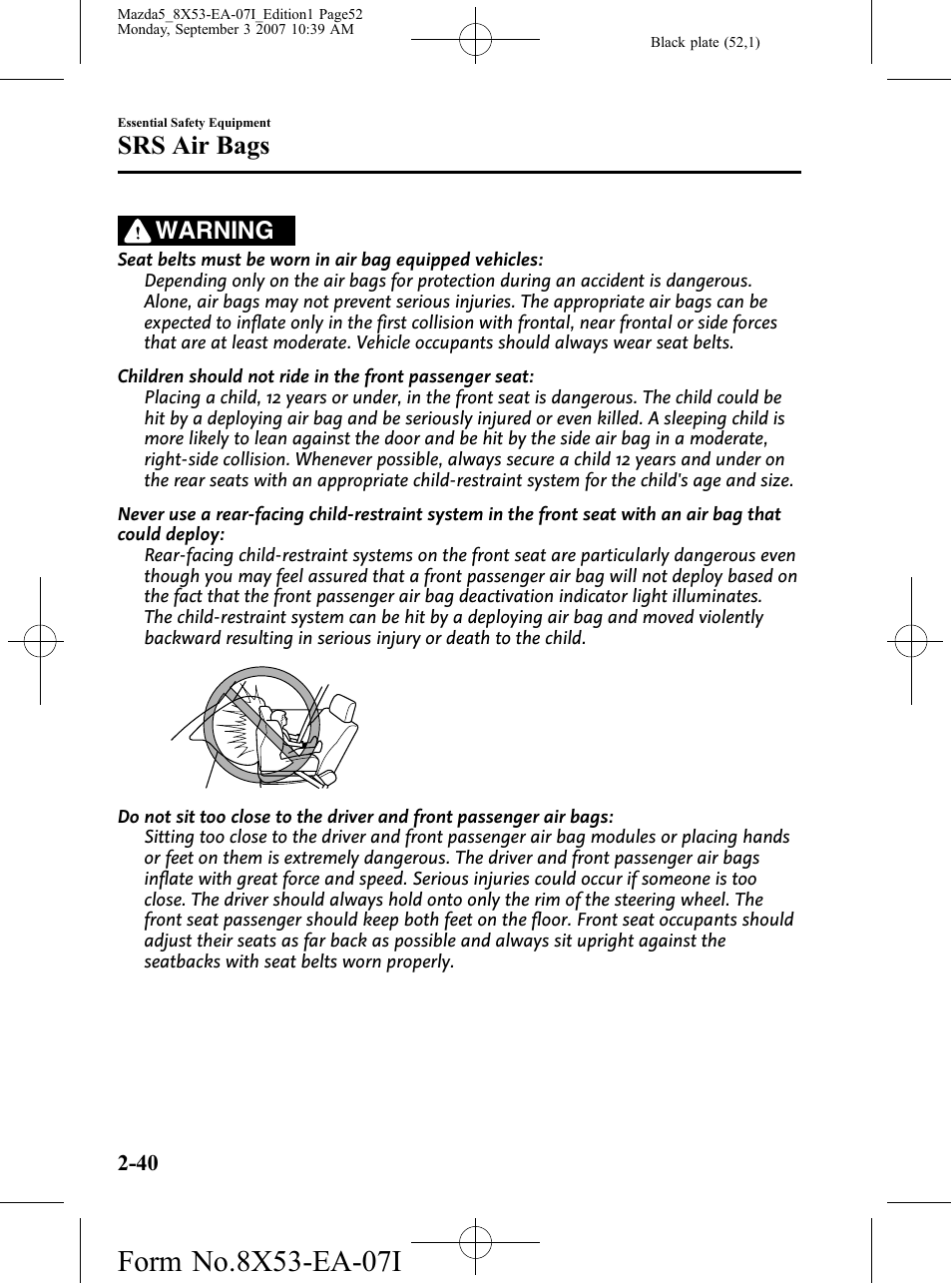 Srs air bags, Warning | Mazda 2008 5 User Manual | Page 52 / 376