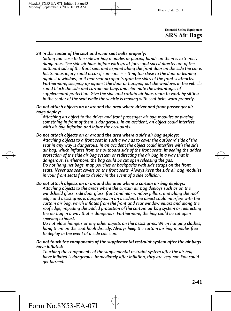 Srs air bags | Mazda 2008 5 User Manual | Page 53 / 376