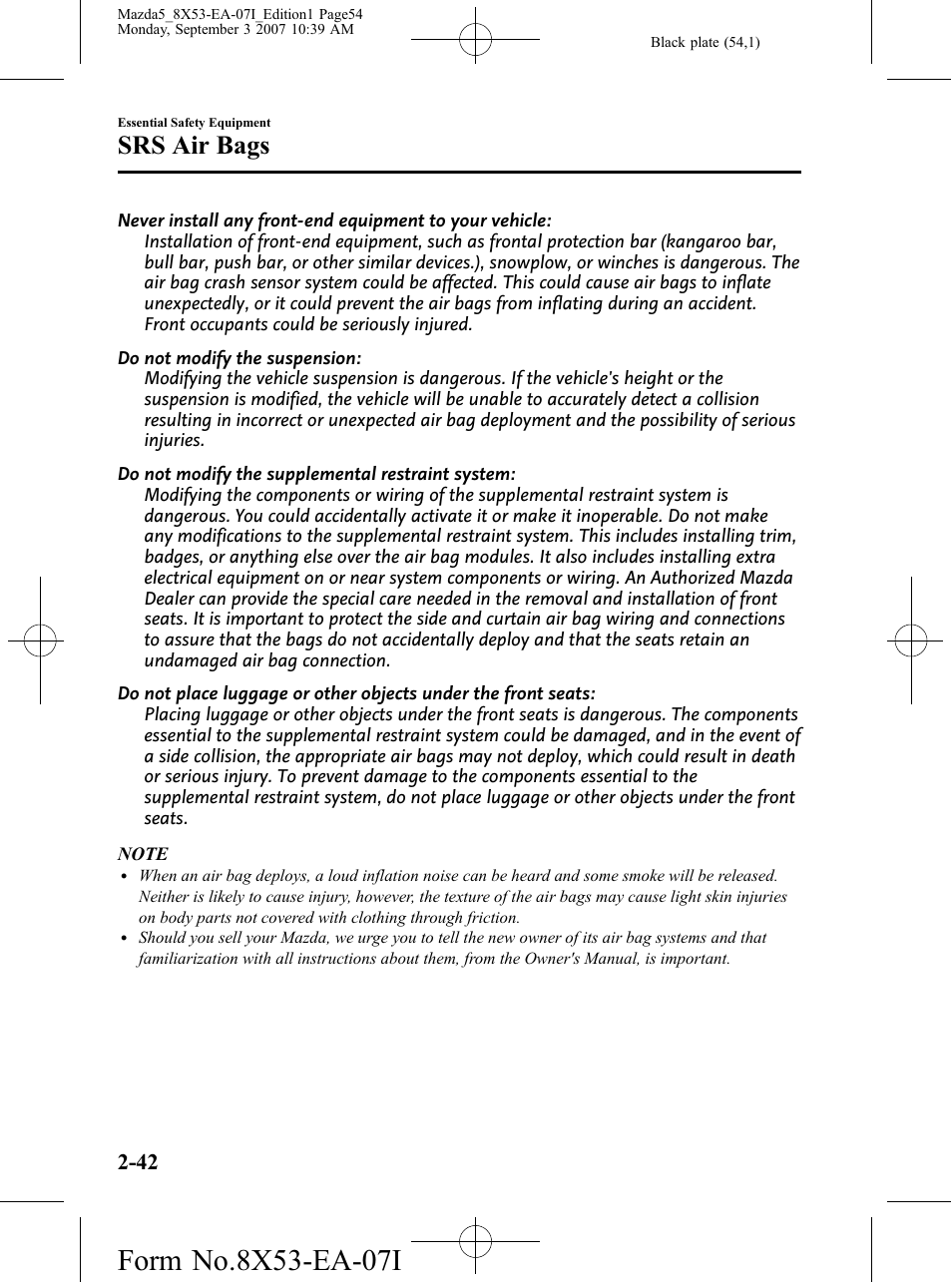 Srs air bags | Mazda 2008 5 User Manual | Page 54 / 376