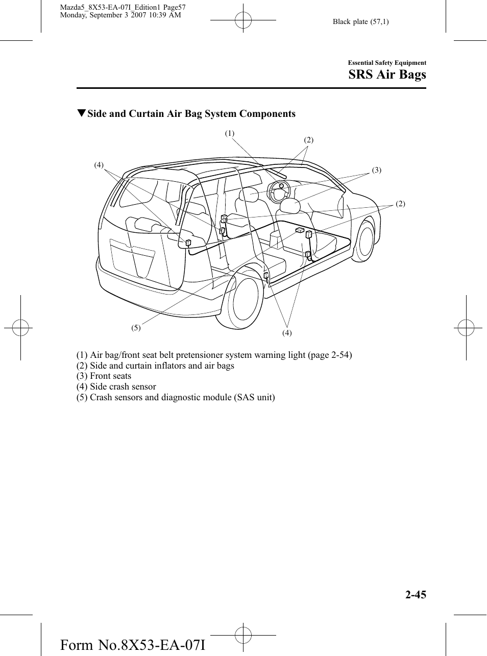 Srs air bags | Mazda 2008 5 User Manual | Page 57 / 376