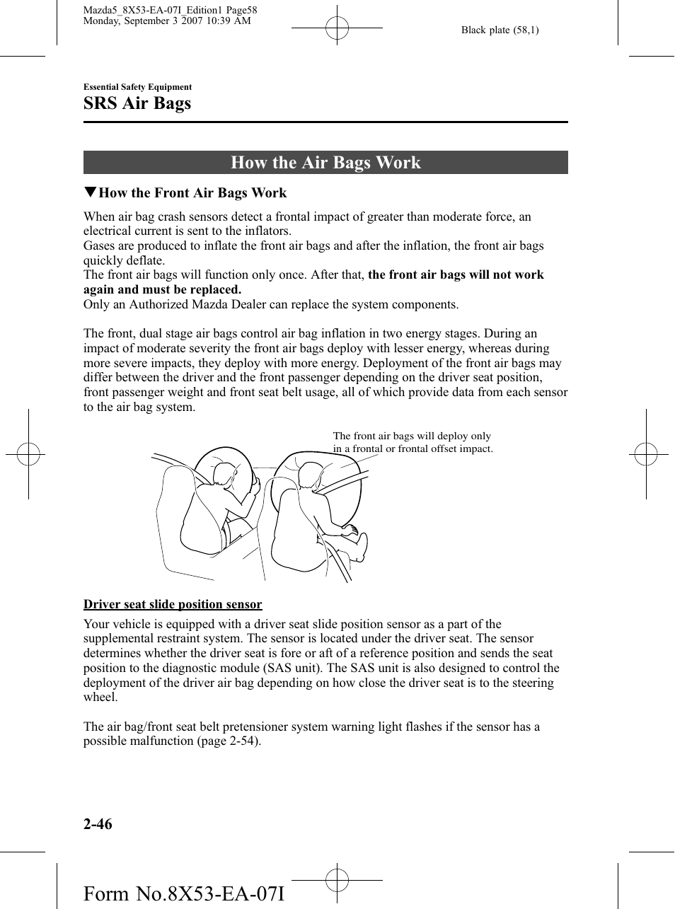 How the air bags work, How the air bags work -46, Srs air bags | Mazda 2008 5 User Manual | Page 58 / 376