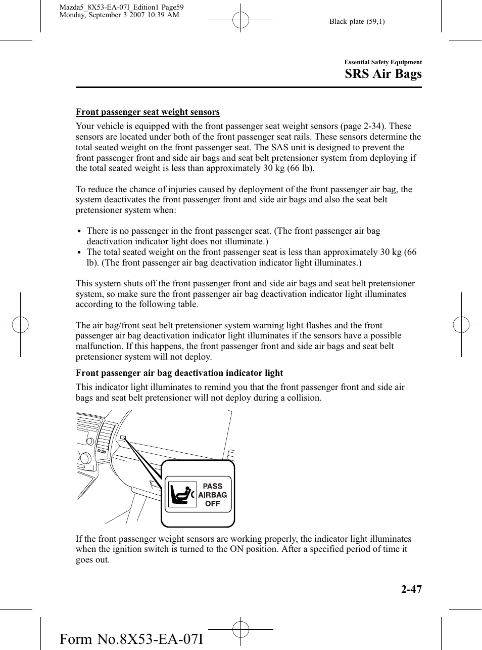 Srs air bags | Mazda 2008 5 User Manual | Page 59 / 376