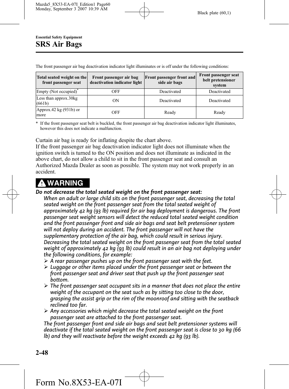 Srs air bags, Warning | Mazda 2008 5 User Manual | Page 60 / 376