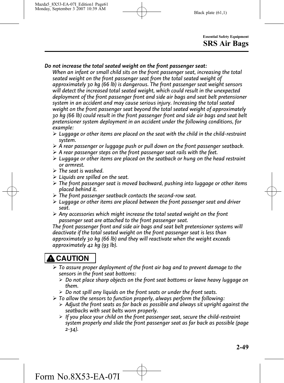 Srs air bags, Caution | Mazda 2008 5 User Manual | Page 61 / 376