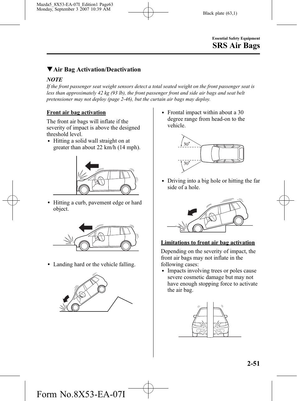 Srs air bags, Qair bag activation/deactivation | Mazda 2008 5 User Manual | Page 63 / 376