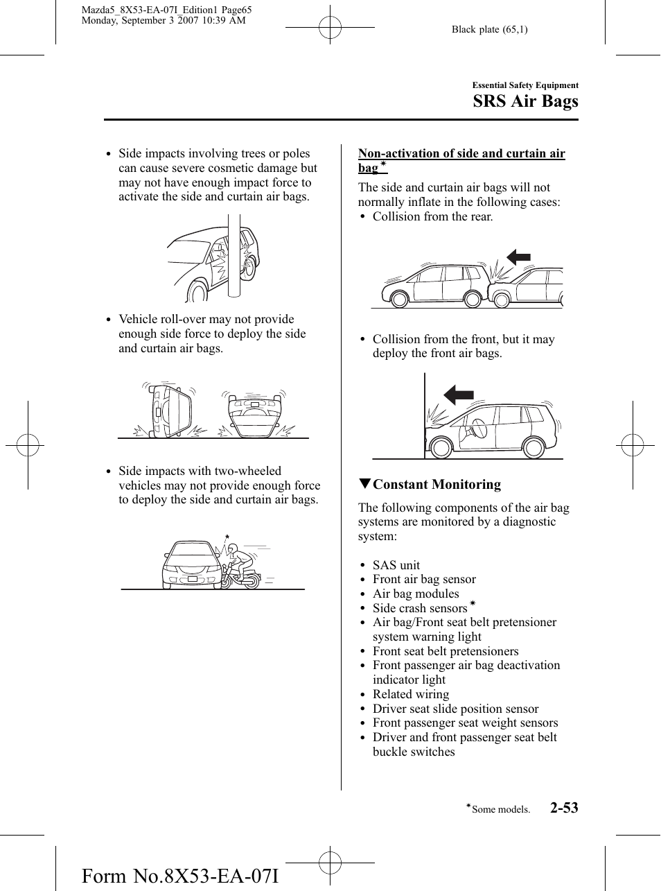 Srs air bags, Qconstant monitoring | Mazda 2008 5 User Manual | Page 65 / 376