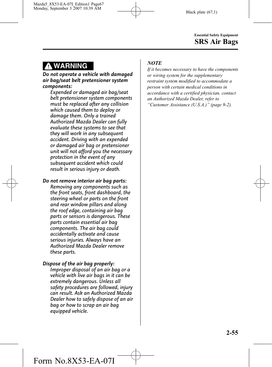 Srs air bags, Warning | Mazda 2008 5 User Manual | Page 67 / 376