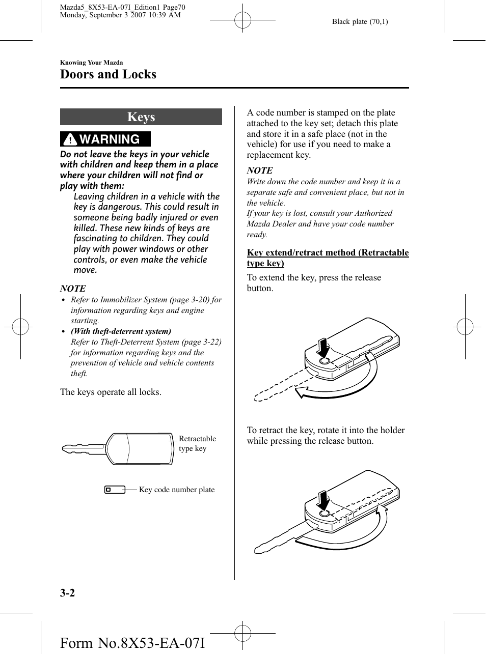 Doors and locks, Keys, Doors and locks -2 | Keys -2, Warning | Mazda 2008 5 User Manual | Page 70 / 376