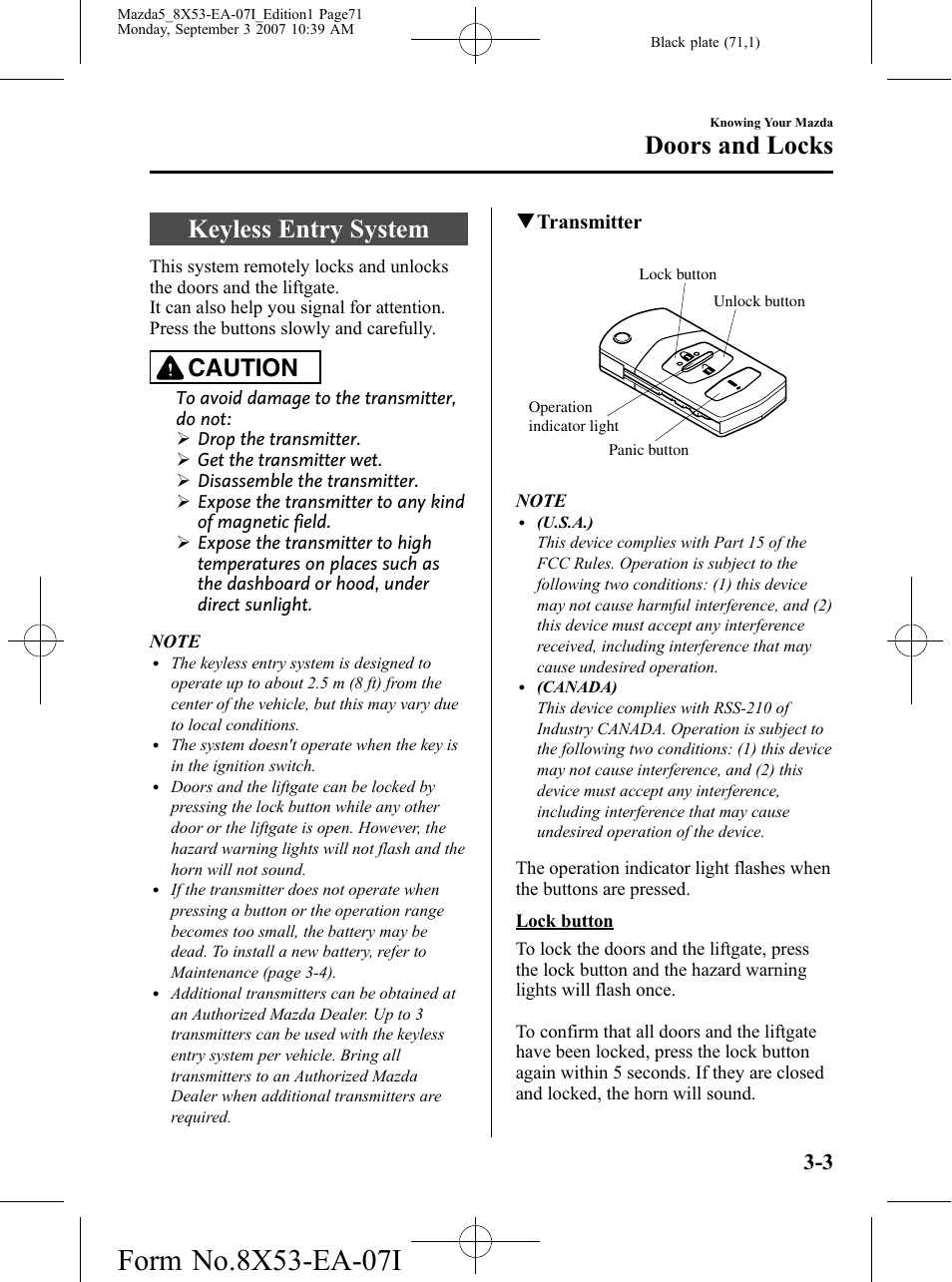 Keyless entry system, Keyless entry system -3, Doors and locks | Caution, Qtransmitter | Mazda 2008 5 User Manual | Page 71 / 376