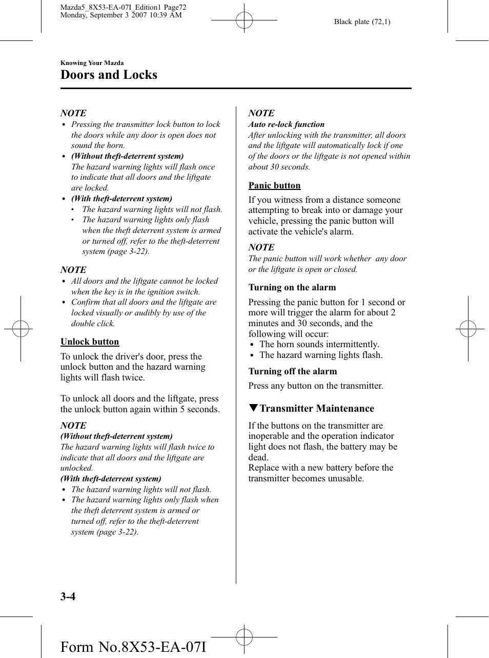 Doors and locks, Qtransmitter maintenance | Mazda 2008 5 User Manual | Page 72 / 376