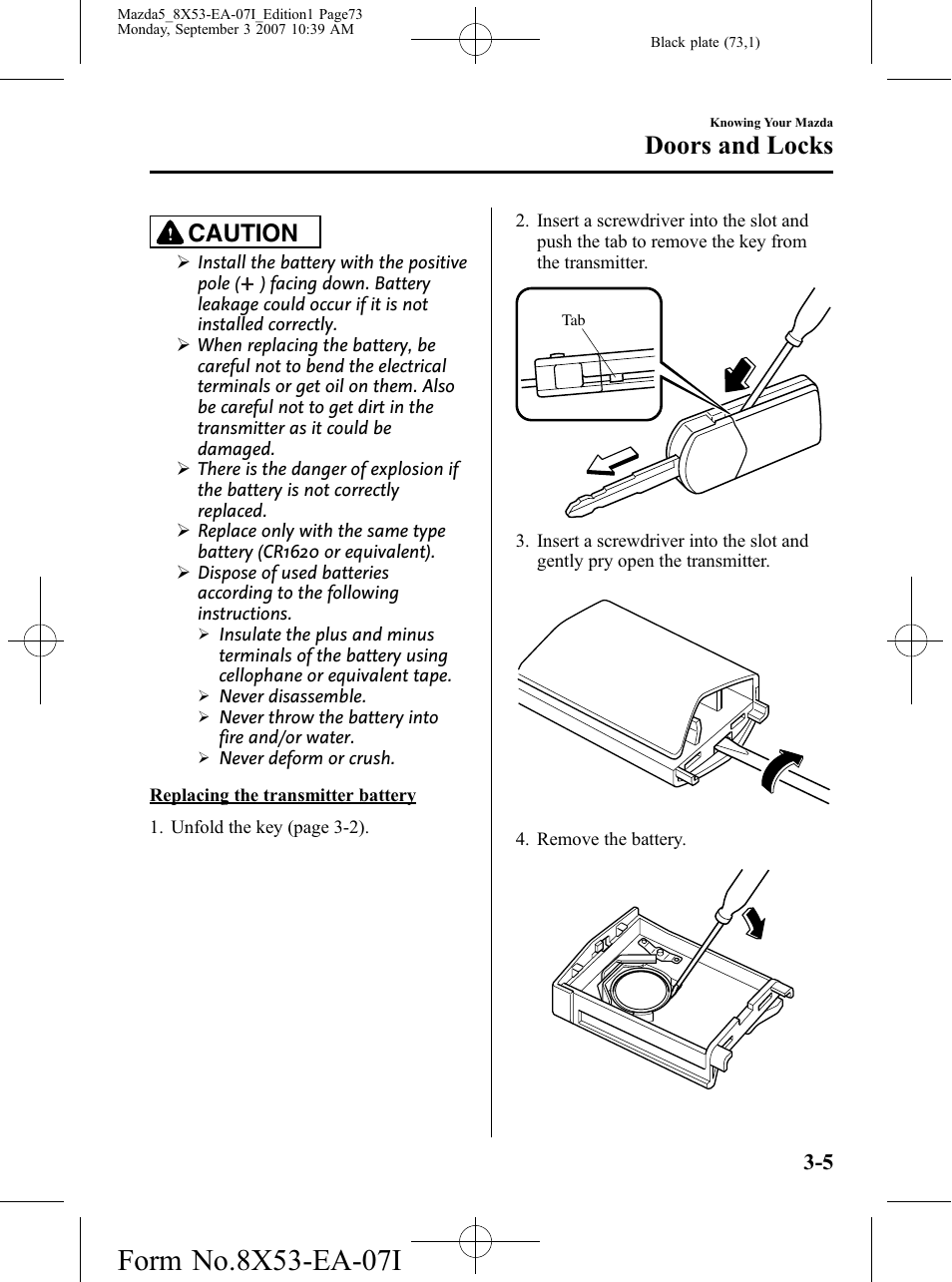 Doors and locks, Caution | Mazda 2008 5 User Manual | Page 73 / 376