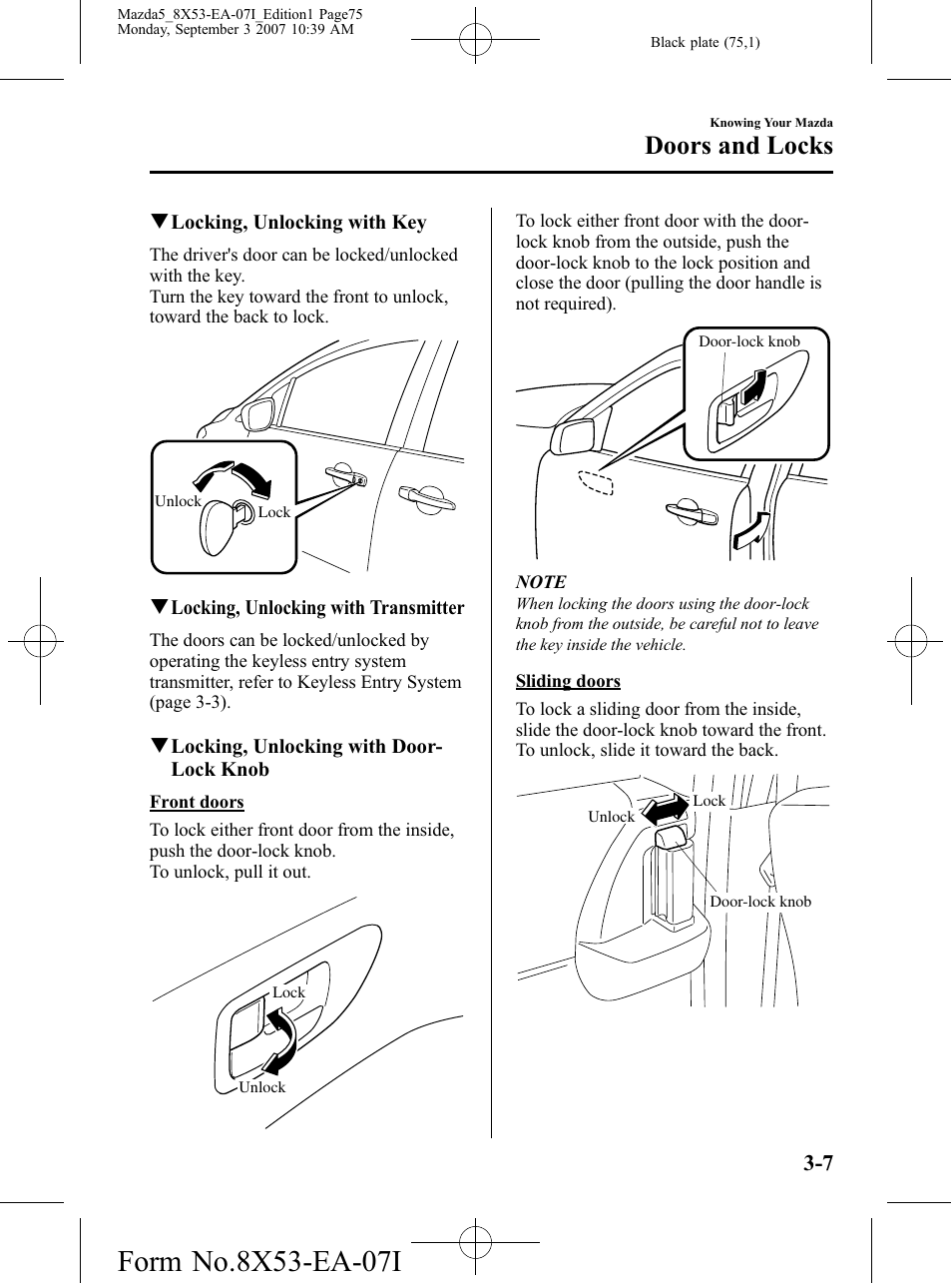Doors and locks | Mazda 2008 5 User Manual | Page 75 / 376