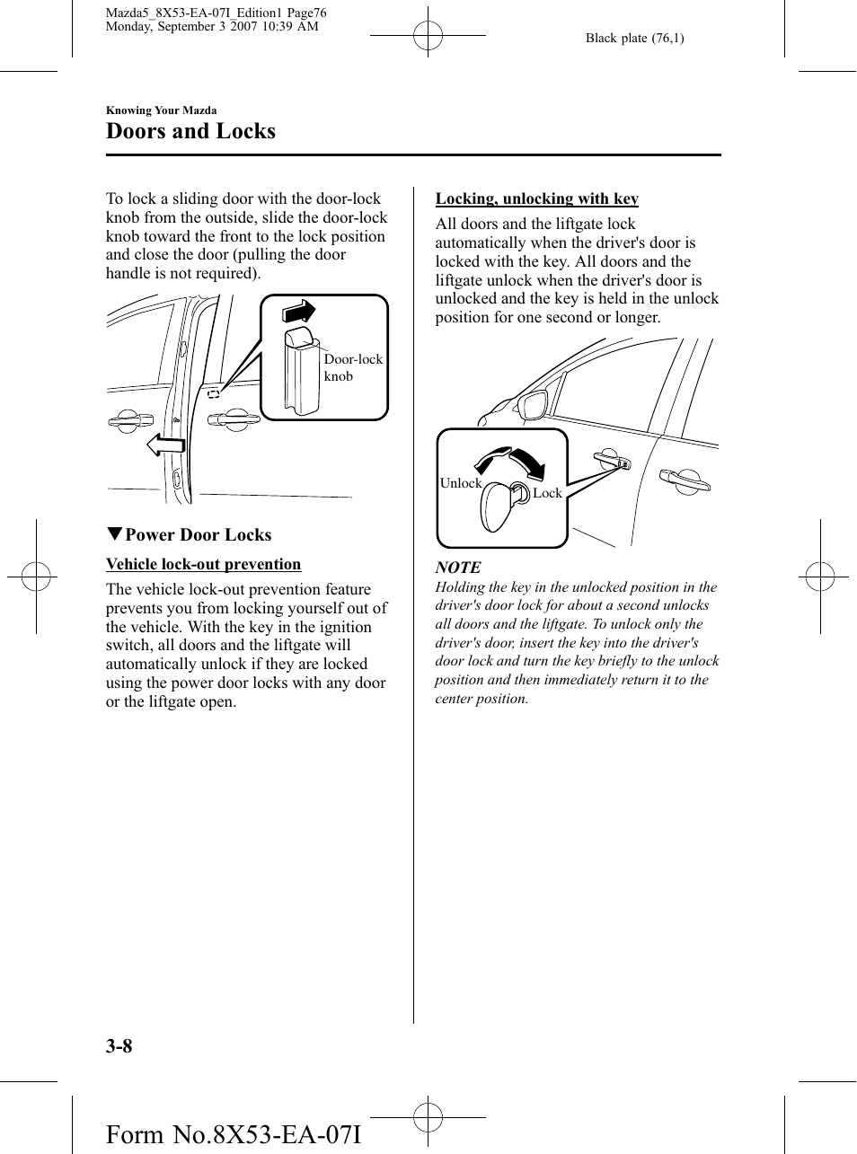 Doors and locks | Mazda 2008 5 User Manual | Page 76 / 376