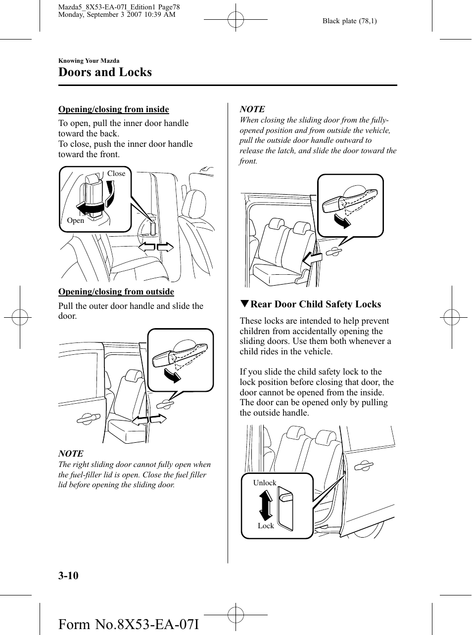 Doors and locks | Mazda 2008 5 User Manual | Page 78 / 376