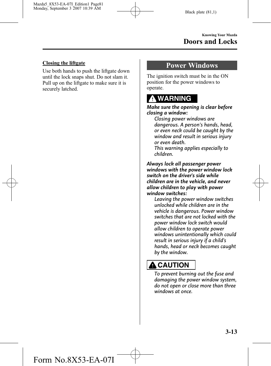 Power windows, Power windows -13, Doors and locks | Warning, Caution | Mazda 2008 5 User Manual | Page 81 / 376