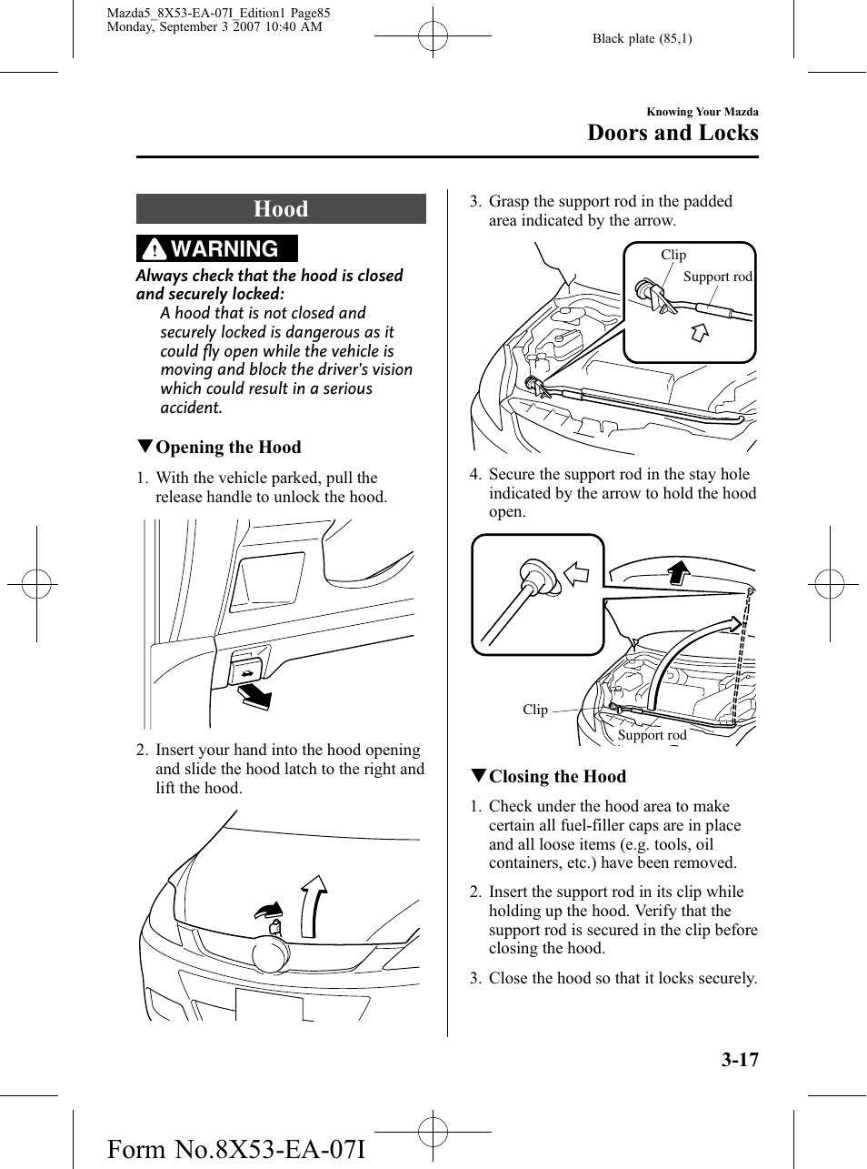 Hood, Hood -17, Doors and locks | Warning | Mazda 2008 5 User Manual | Page 85 / 376