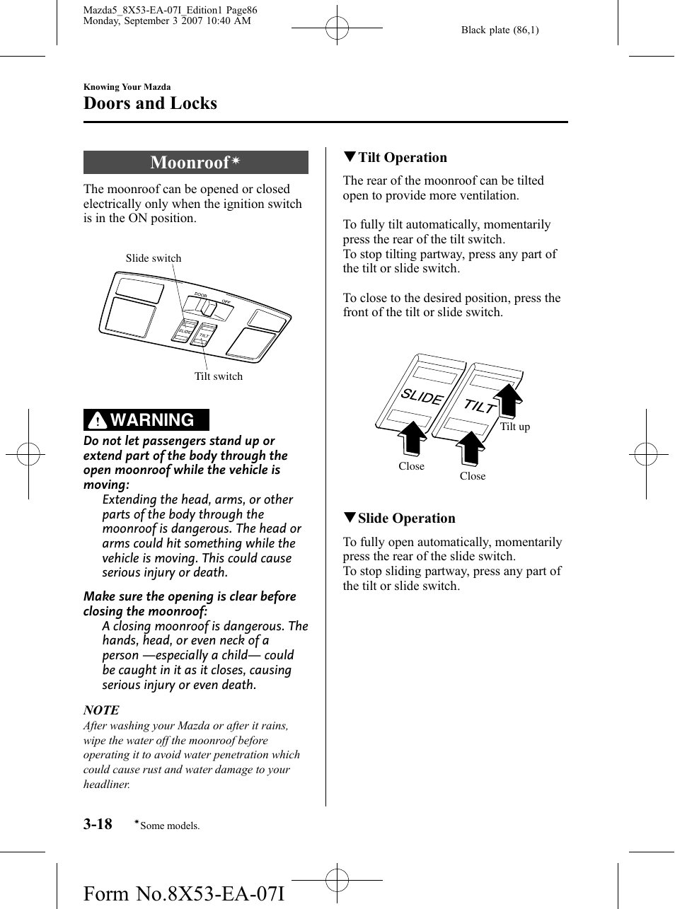 Moonroof, Doors and locks, Warning | Mazda 2008 5 User Manual | Page 86 / 376