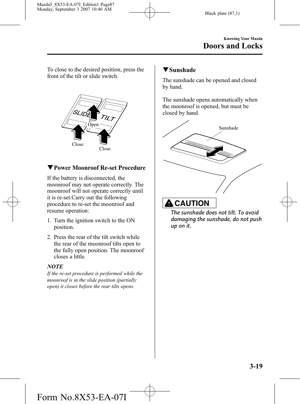 Doors and locks, Caution | Mazda 2008 5 User Manual | Page 87 / 376