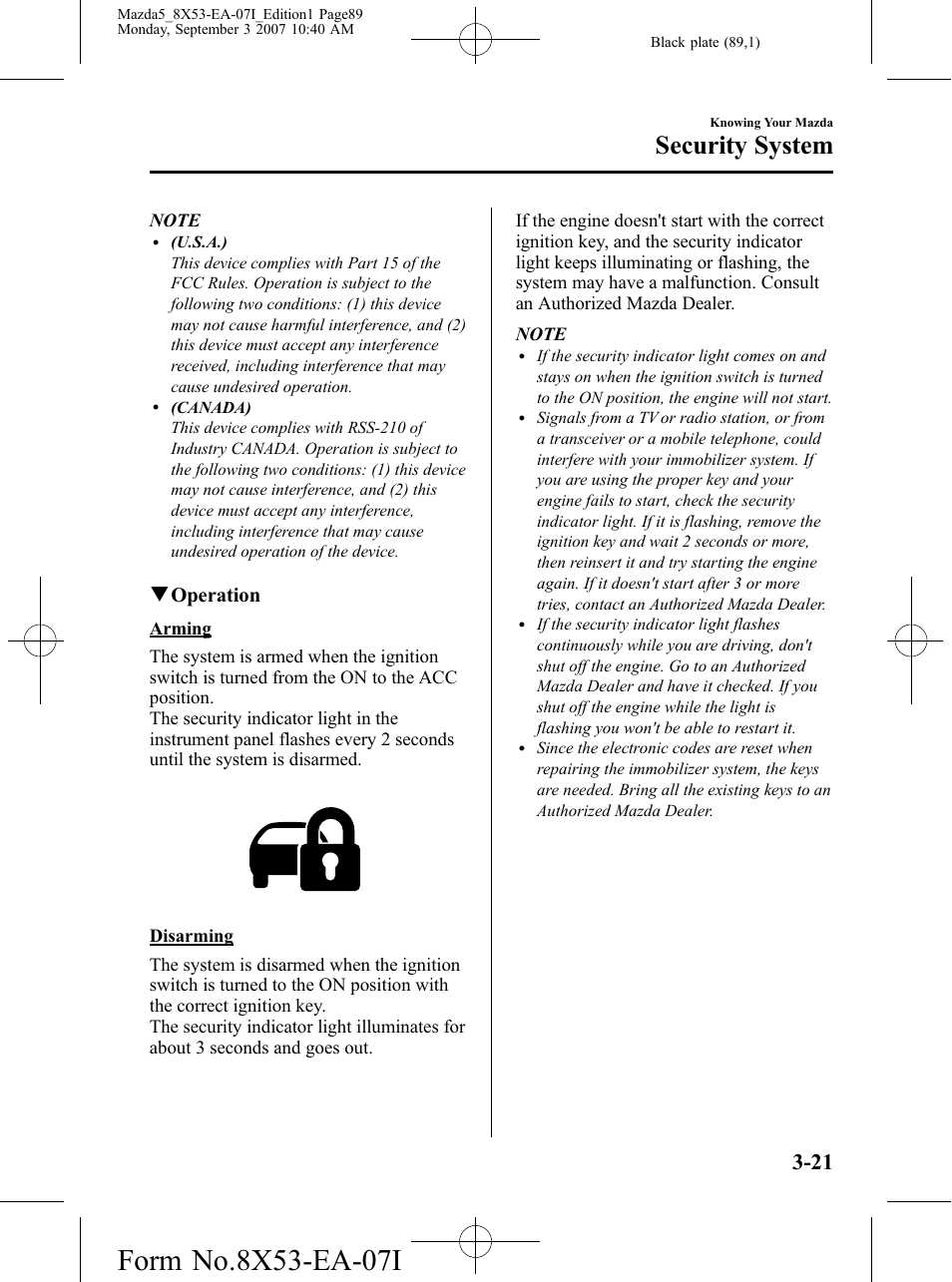 Security system, Qoperation | Mazda 2008 5 User Manual | Page 89 / 376