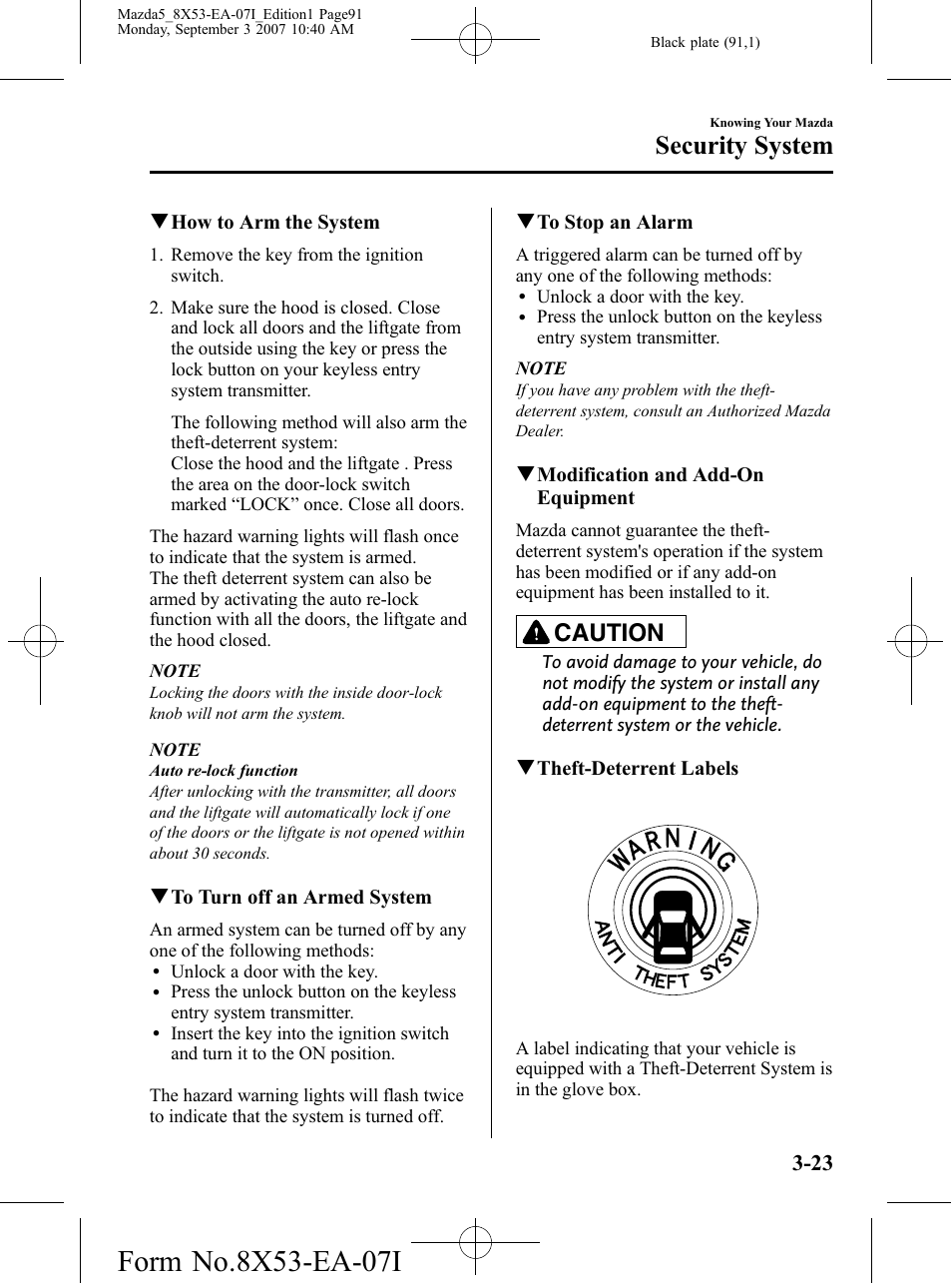 Security system, Caution | Mazda 2008 5 User Manual | Page 91 / 376