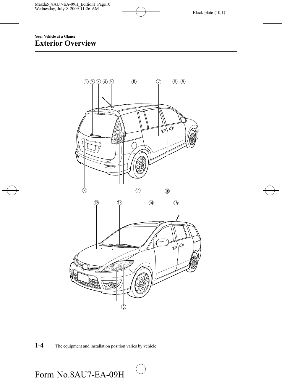 Exterior overview, Form no.8au7-ea-09h | Mazda 2010 5 User Manual | Page 10 / 388