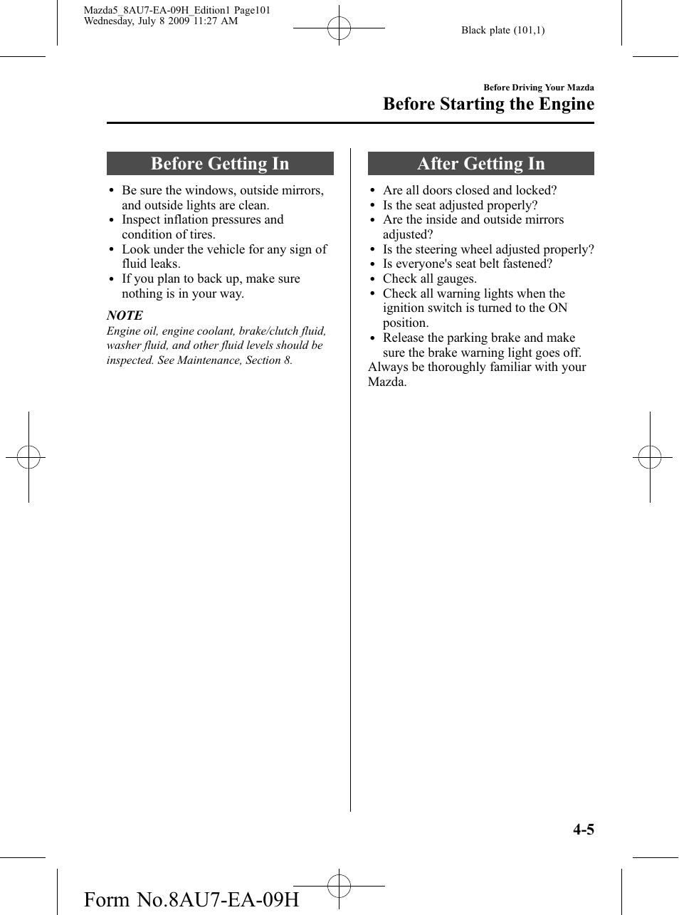 Before starting the engine, Before getting in, After getting in | Before starting the engine -5, Before getting in -5 after getting in -5, Form no.8au7-ea-09h | Mazda 2010 5 User Manual | Page 101 / 388
