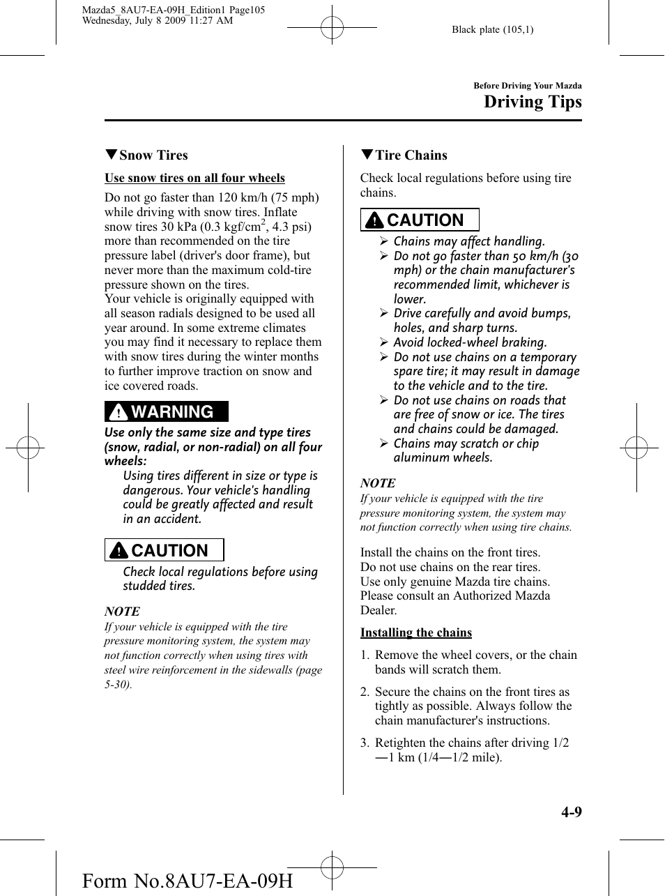 Form no.8au7-ea-09h, Driving tips, Warning | Caution | Mazda 2010 5 User Manual | Page 105 / 388