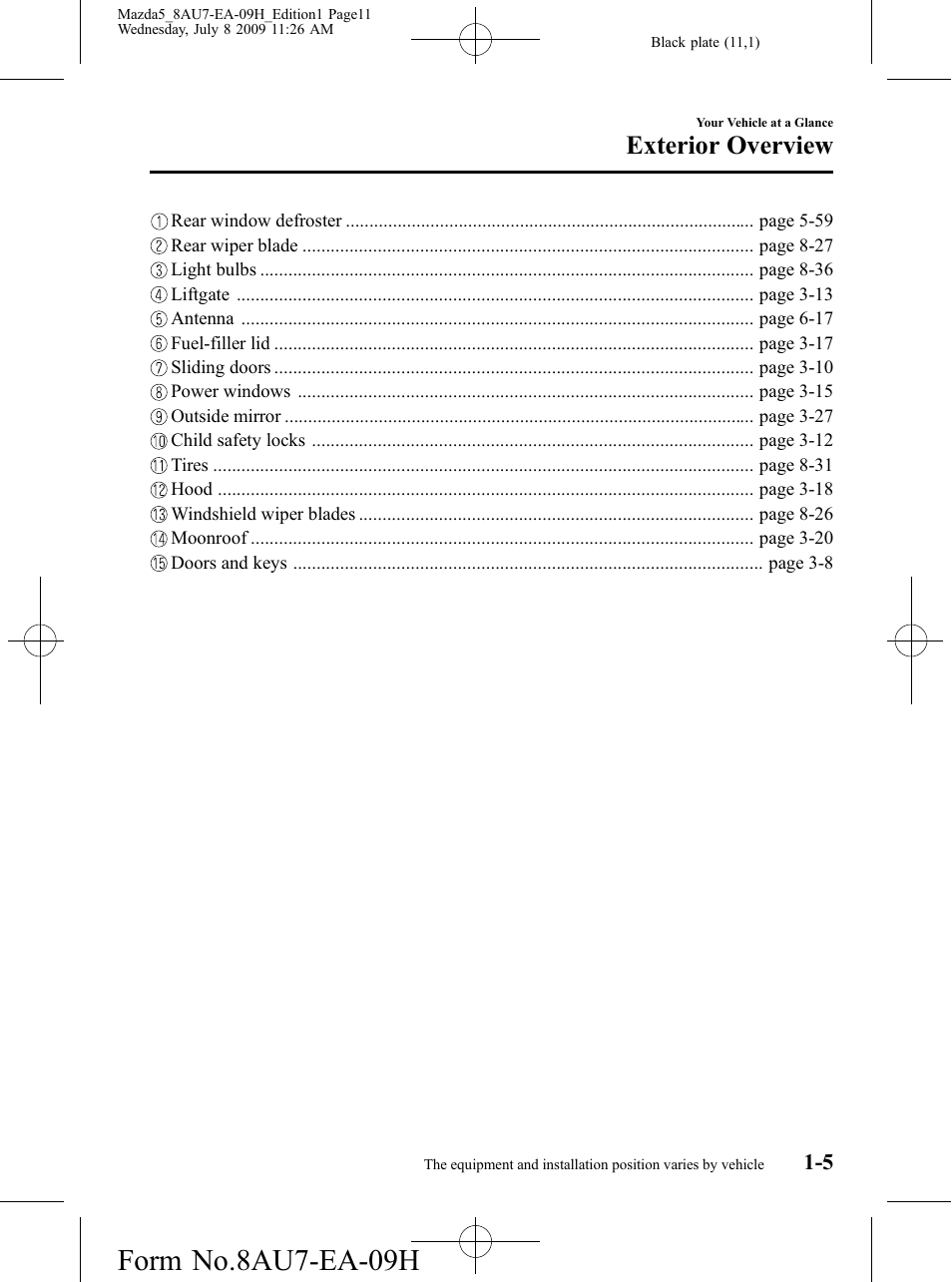Form no.8au7-ea-09h, Exterior overview | Mazda 2010 5 User Manual | Page 11 / 388