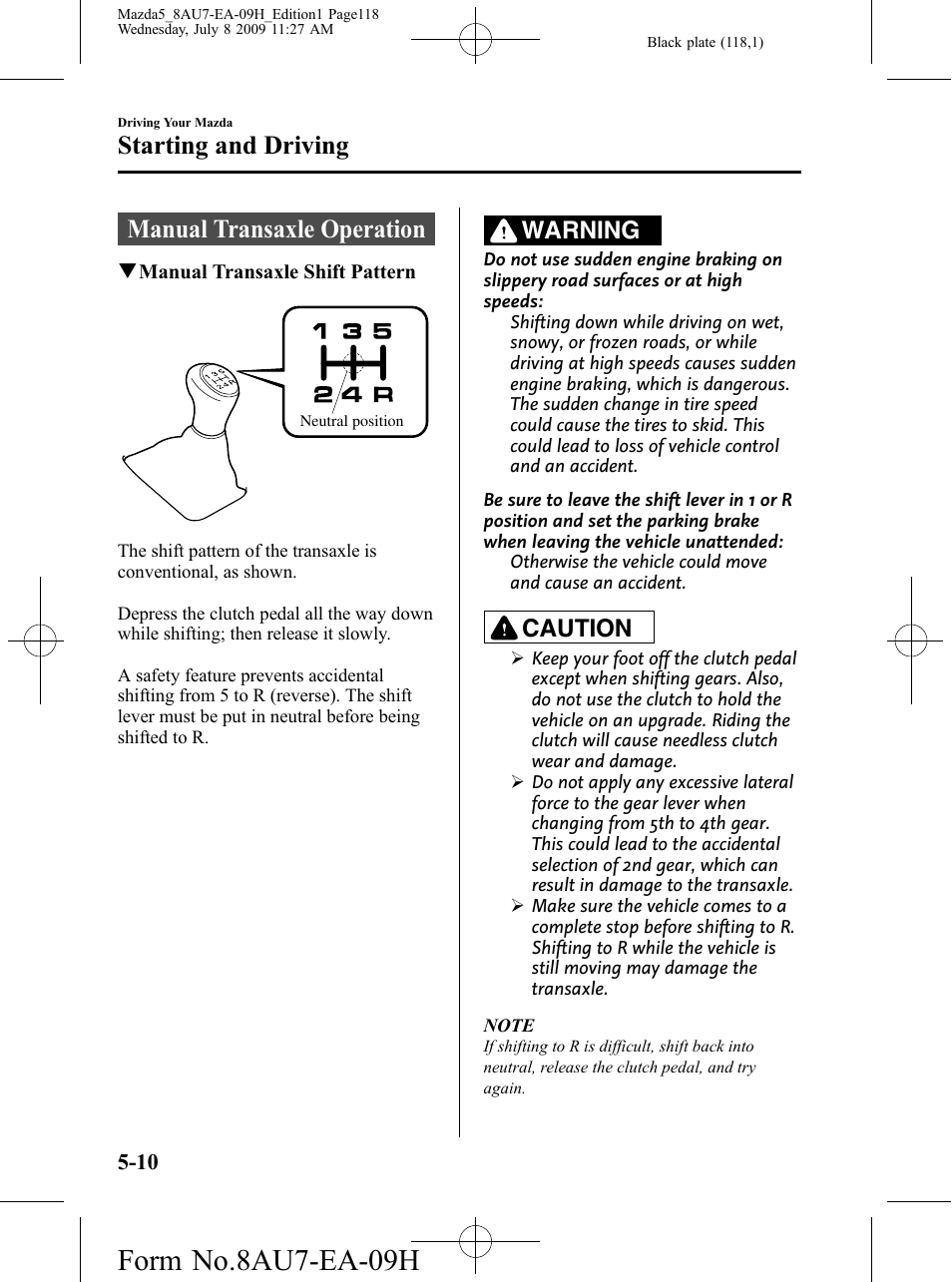 Manual transaxle operation, Manual transaxle operation -10, Form no.8au7-ea-09h | Starting and driving, Warning, Caution | Mazda 2010 5 User Manual | Page 118 / 388