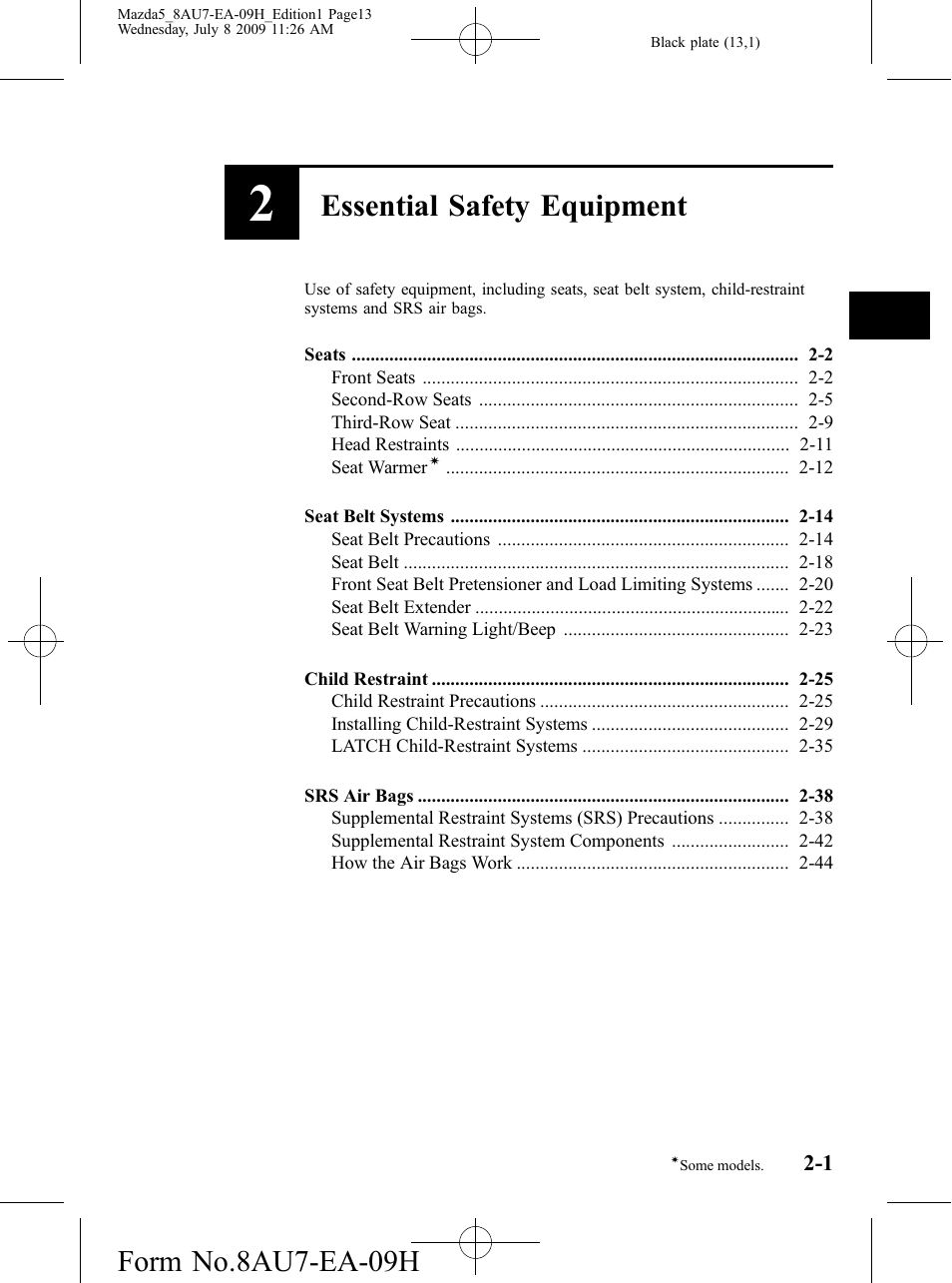 Essential safety equipment, Form no.8au7-ea-09h | Mazda 2010 5 User Manual | Page 13 / 388