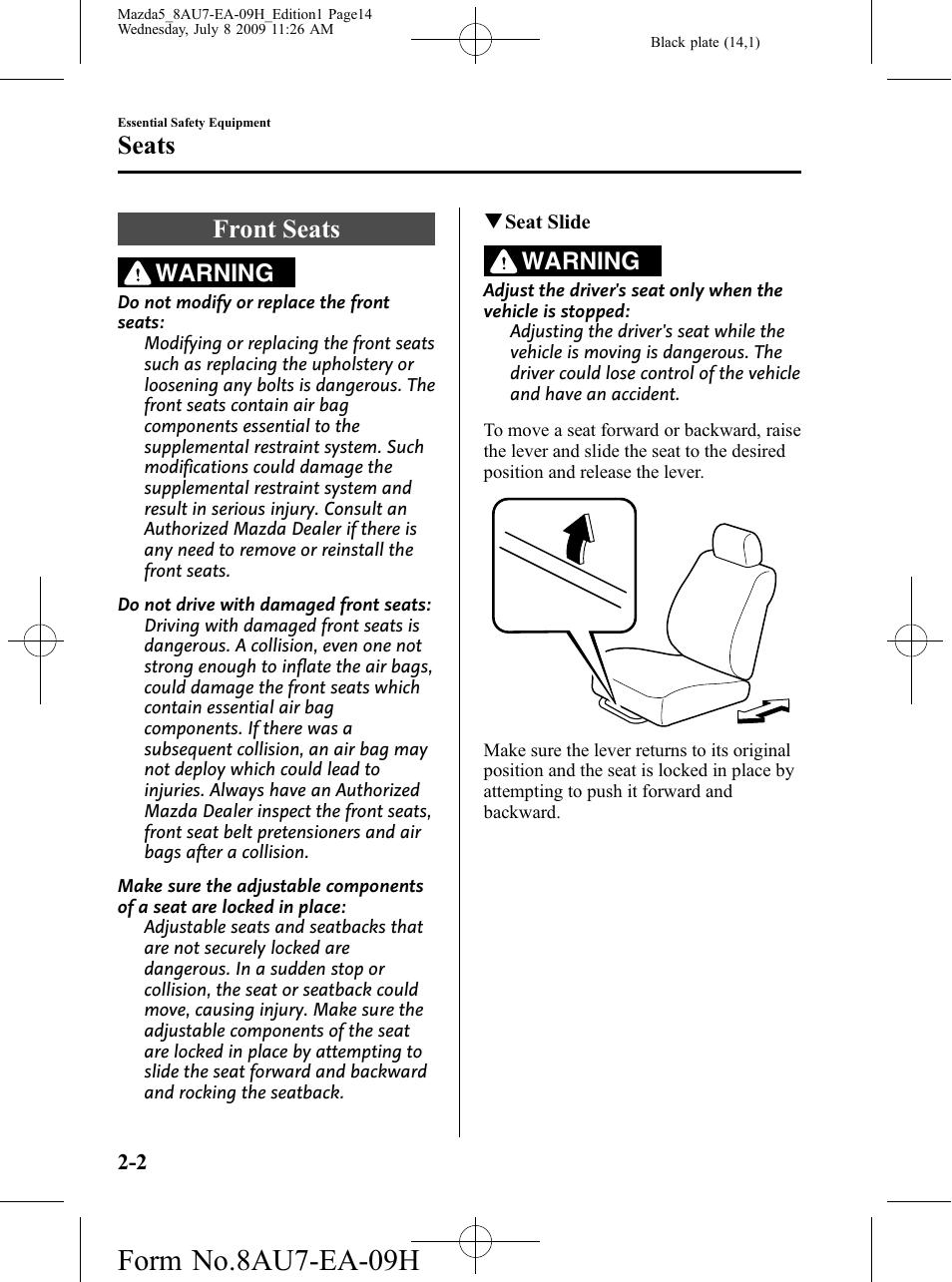 Seats, Front seats, Seats -2 | Front seats -2, Form no.8au7-ea-09h, Warning | Mazda 2010 5 User Manual | Page 14 / 388