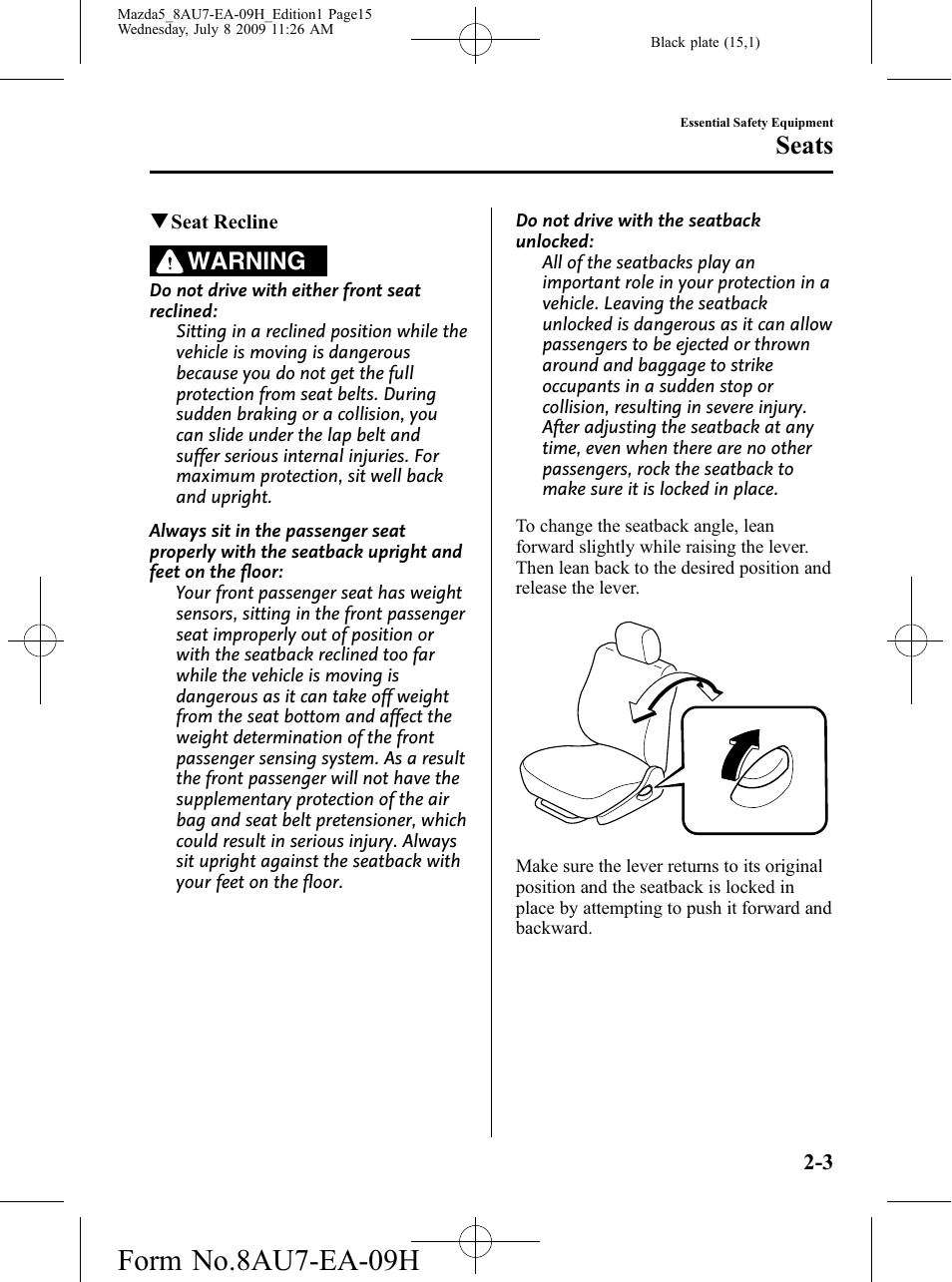 Form no.8au7-ea-09h, Seats, Warning | Mazda 2010 5 User Manual | Page 15 / 388