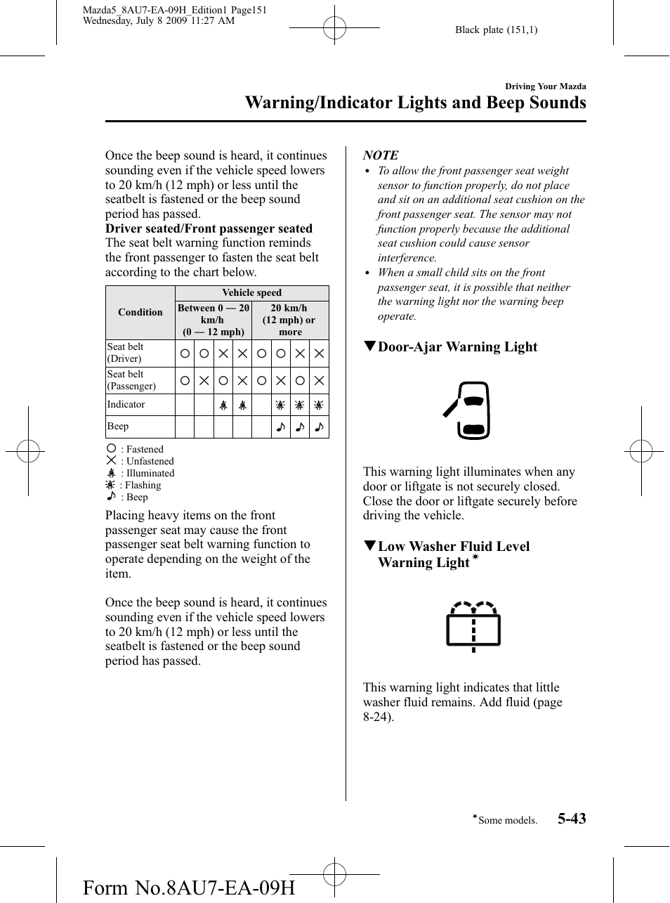 Form no.8au7-ea-09h, Warning/indicator lights and beep sounds, Qdoor-ajar warning light | Qlow washer fluid level warning light | Mazda 2010 5 User Manual | Page 151 / 388