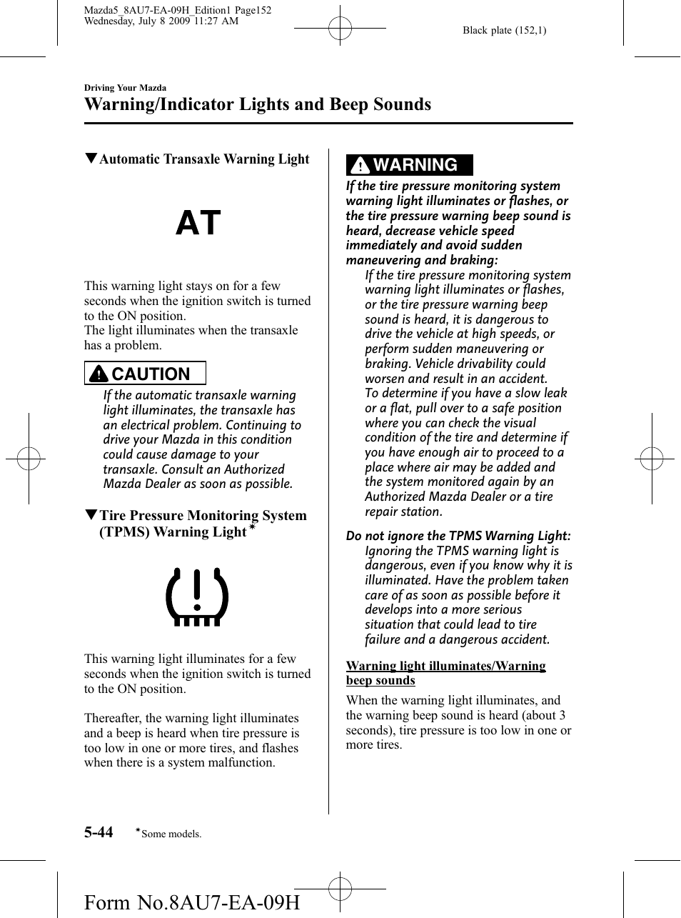 Form no.8au7-ea-09h, Warning/indicator lights and beep sounds, Caution | Warning | Mazda 2010 5 User Manual | Page 152 / 388