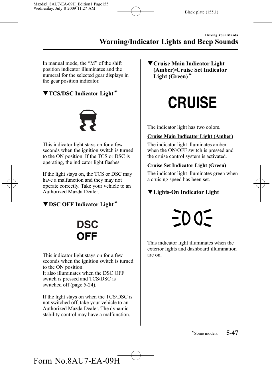 Form no.8au7-ea-09h, Warning/indicator lights and beep sounds | Mazda 2010 5 User Manual | Page 155 / 388