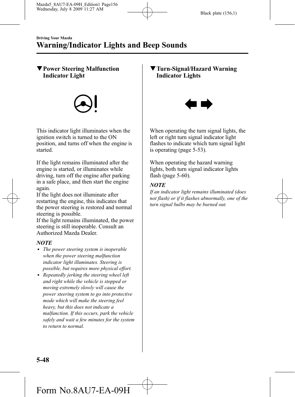 Form no.8au7-ea-09h, Warning/indicator lights and beep sounds | Mazda 2010 5 User Manual | Page 156 / 388