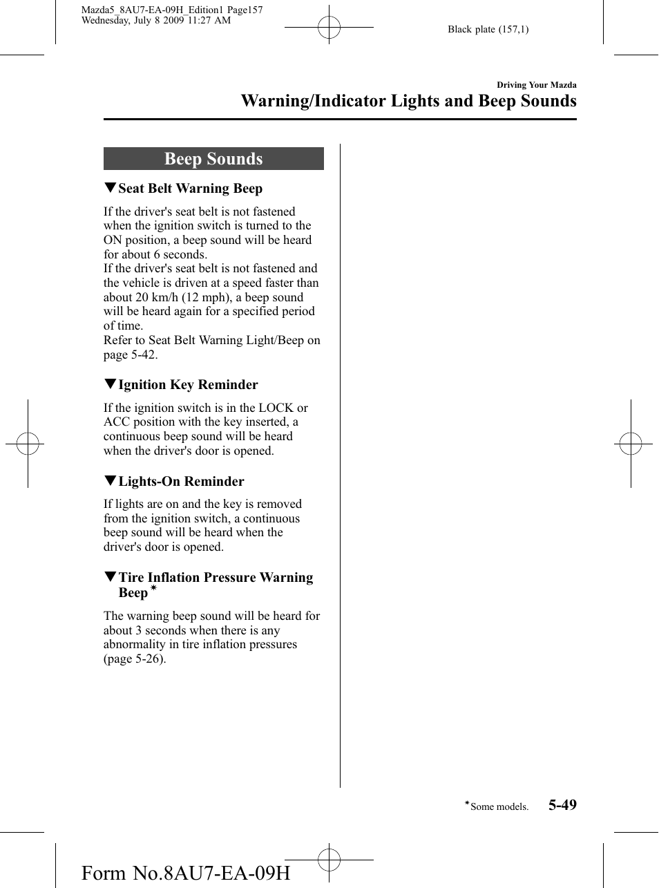 Beep sounds, Beep sounds -49, Form no.8au7-ea-09h | Warning/indicator lights and beep sounds | Mazda 2010 5 User Manual | Page 157 / 388