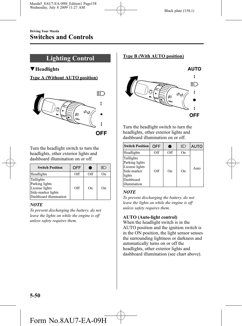 Switches and controls, Lighting control, Switches and controls -50 | Lighting control -50, Form no.8au7-ea-09h | Mazda 2010 5 User Manual | Page 158 / 388