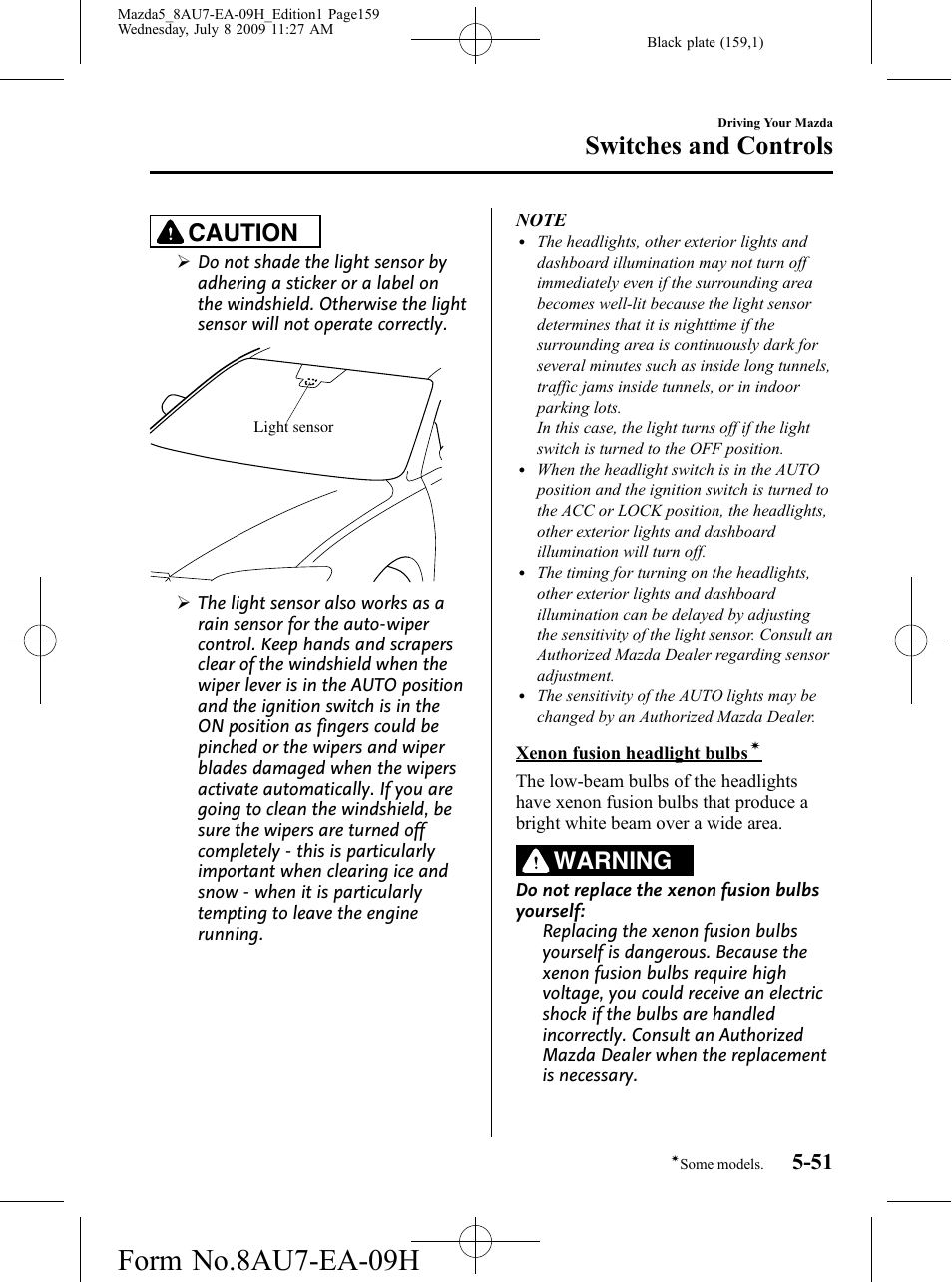 Form no.8au7-ea-09h, Switches and controls, Caution | Warning | Mazda 2010 5 User Manual | Page 159 / 388